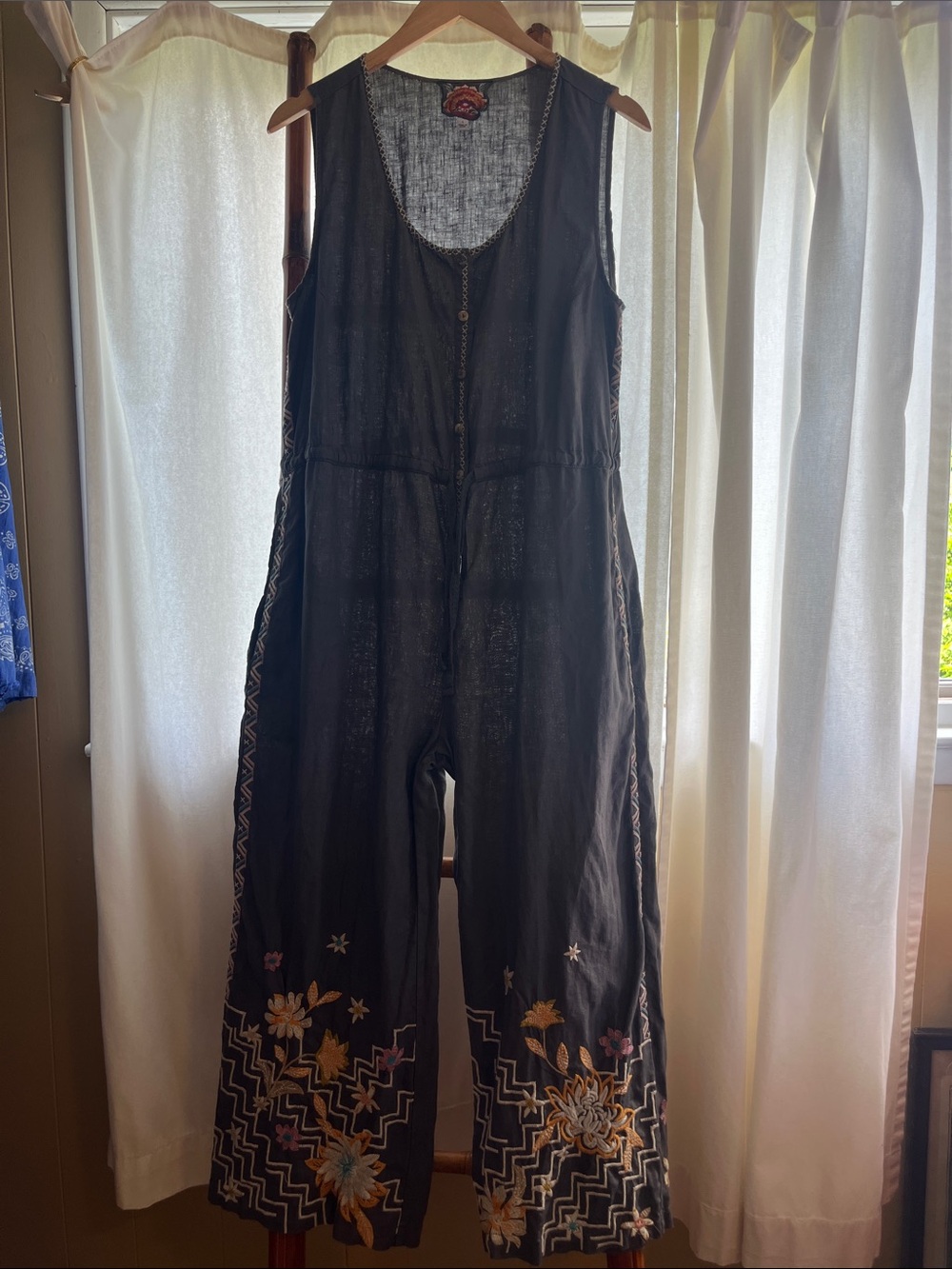 Johnny Was Gray Embroidered Wide-Leg Jumpsuit